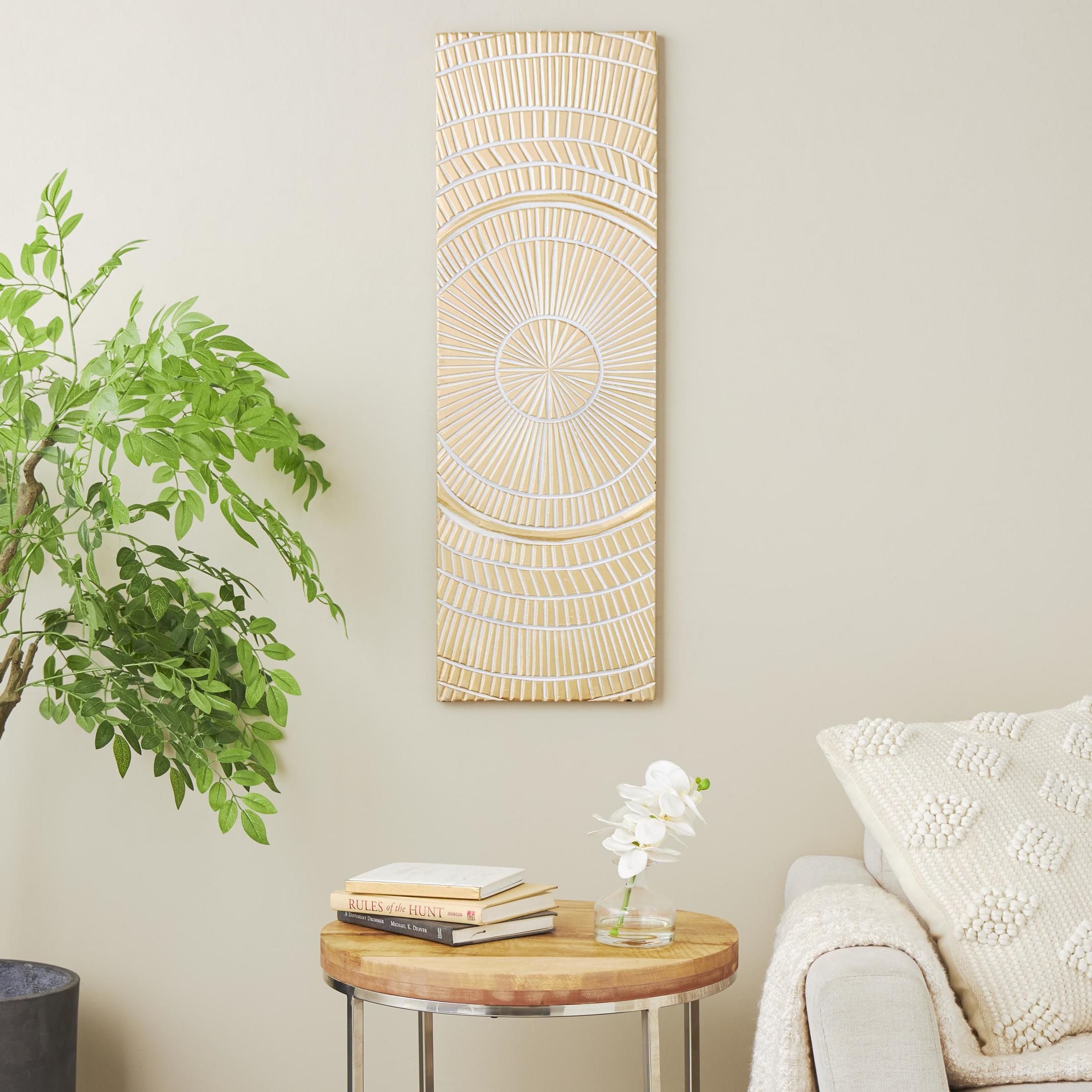 DecMode Gold Wooden Handmade Intricately Carved Radial Geometric Wall Decor with Starburst Design