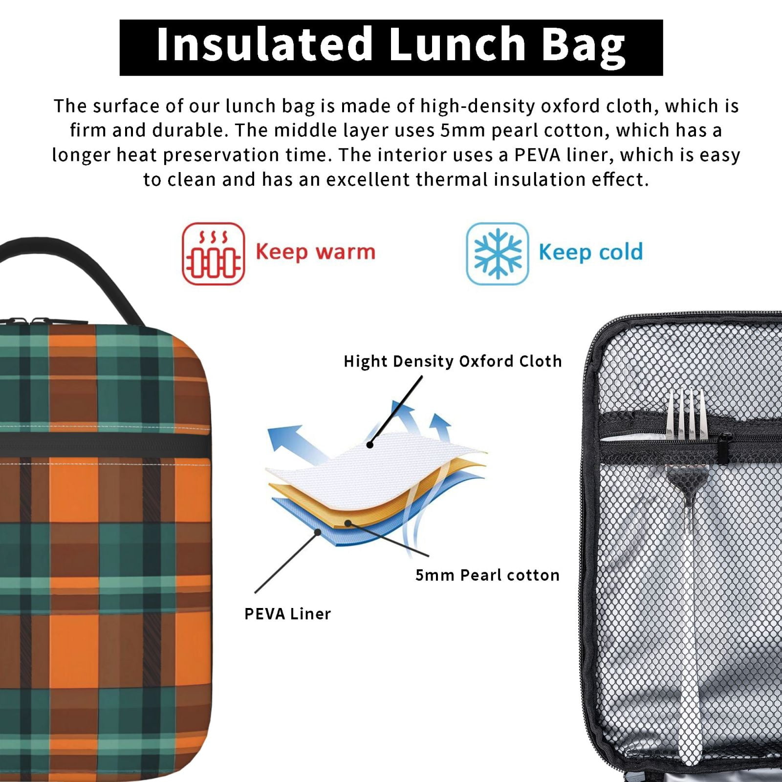 Lunch Bag For Women Men Insulated Portable Lunch Box Bento Box Office Picnic Travel Cooler Bag Orange And Blue Checkered Pattern