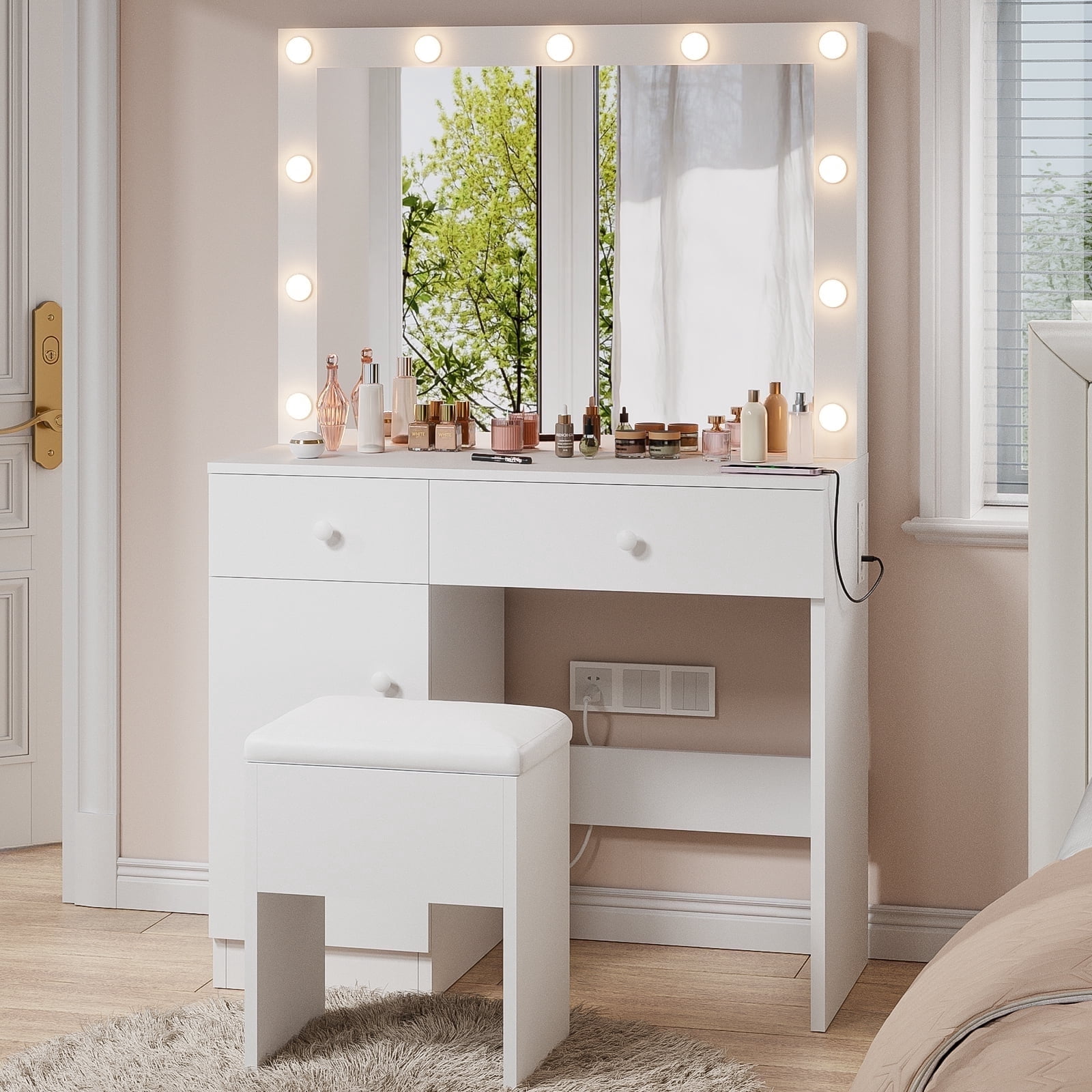 Haewon 32" Vanity Desk with Large Mirror, LED Lights, AC Outlet, USB Ports, Make up Vanity Desk with Mirror and Lights andDrawer & Storage Cabinet, Vanity Set with Cushioned Stool