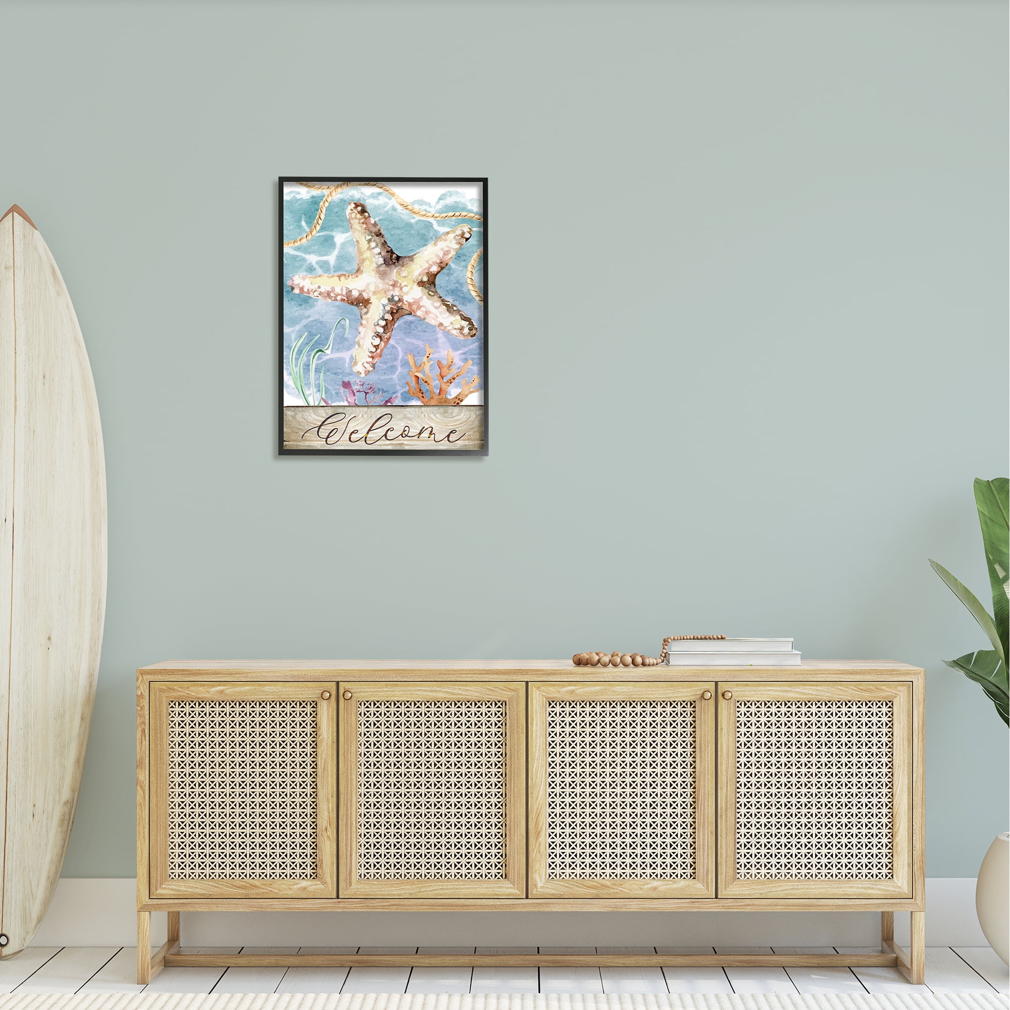 Stupell Aquatic Beach Welcome Starfish Landscape Painting Black Framed Art Print Wall Art