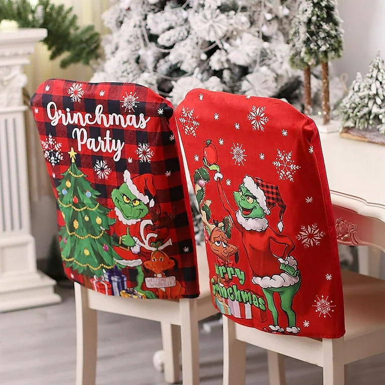 4 Pcs Grinch Christmas Chair Covers Christmas Chair Back Covers for Dining Room Chair Slipcovers for Christmas Kitchen Wedding Hotel Holiday Party