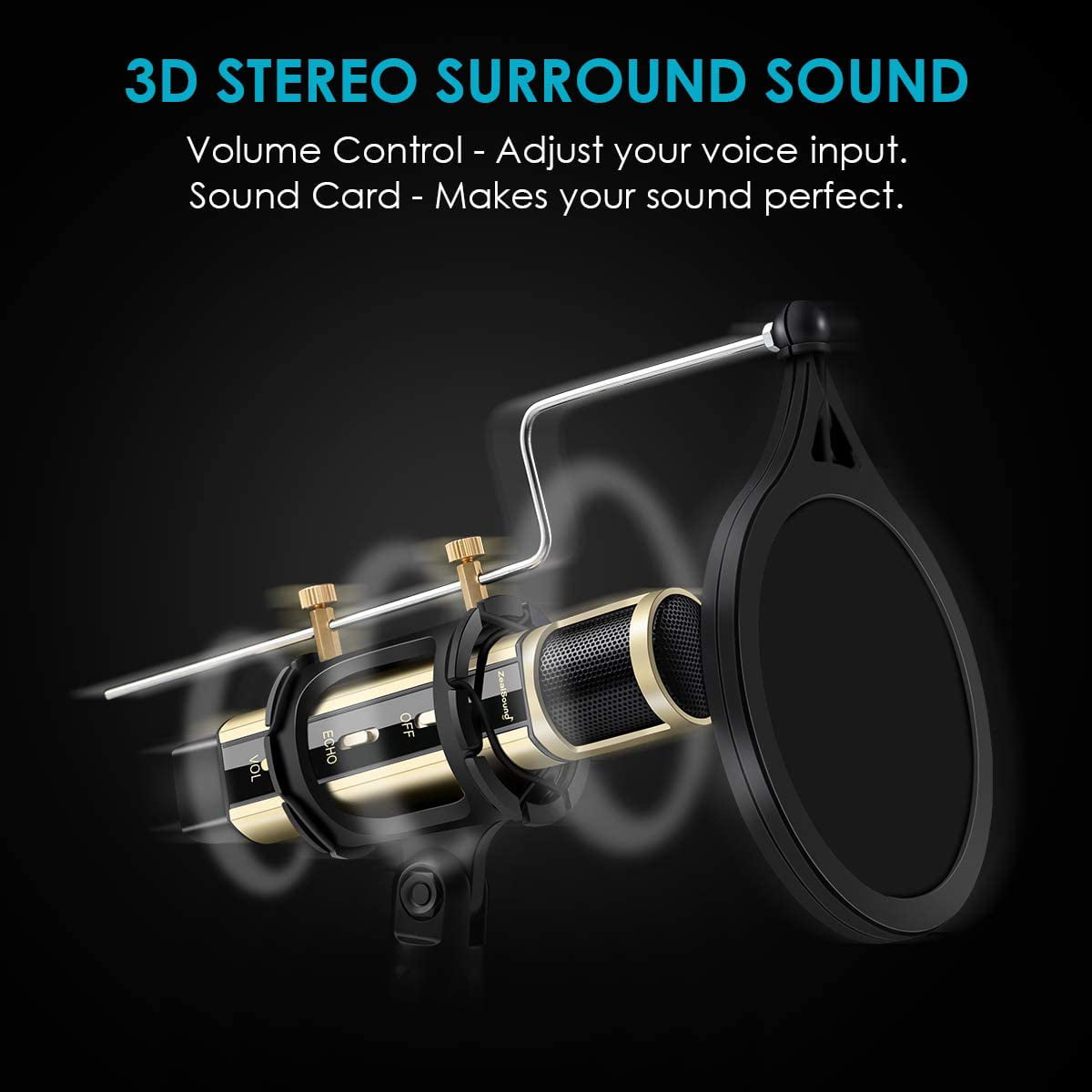 Studio Recording Microphone ZealSound Condenser Broadcast Microphone w/Stand Built-in Sound Card Echo Recording Karaoke Singing for Phone Computer PC Garageband Smule Live Stream & YouTube 