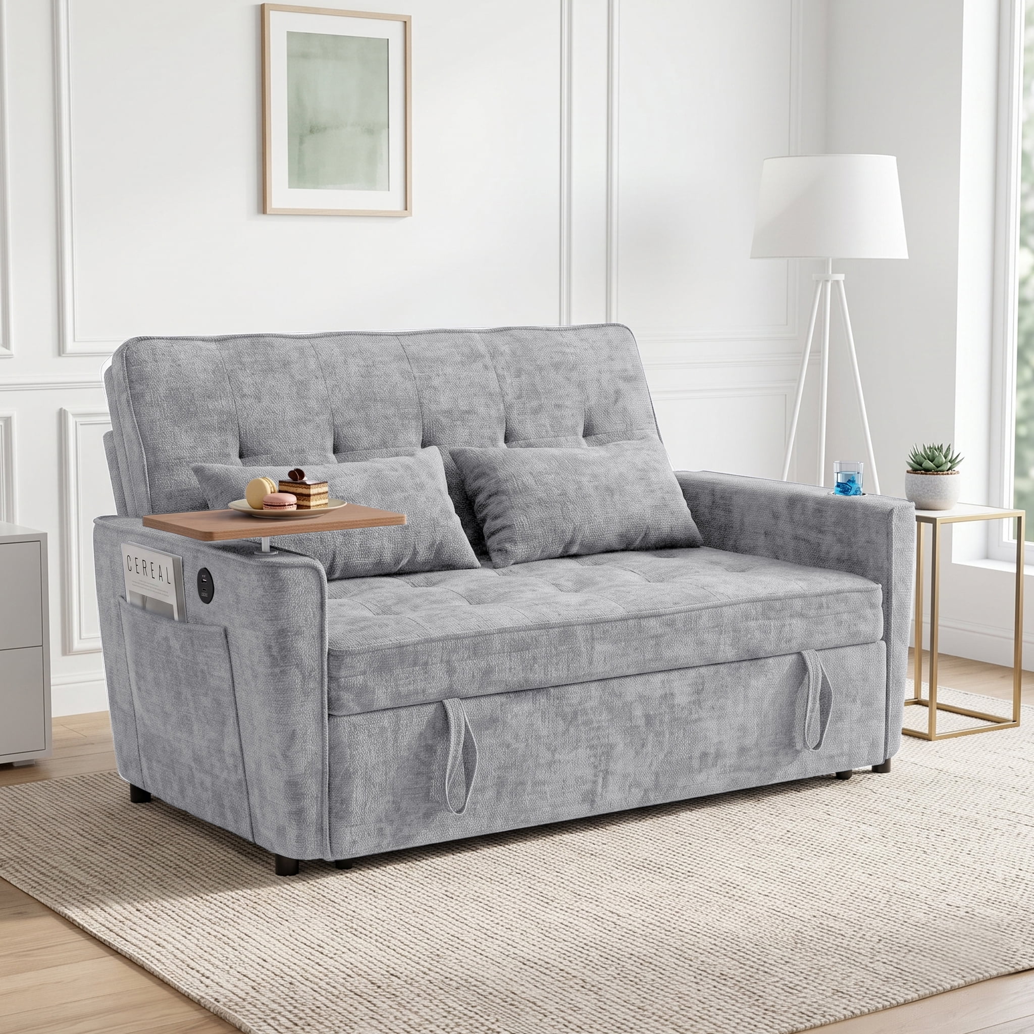 AISWORD 54" Convertible Pull Out Sleeper Sofa Bed, Chenille Loveseat Couch with USB Port, Side Tray Table, Cup Holder, Storage Pockets & Adjustable Backrest for Small Spaces, Light Gray