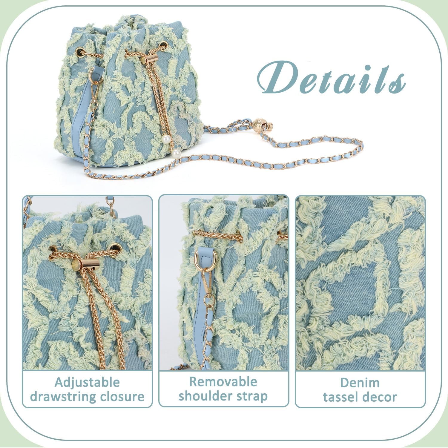 Denim Bucket Bag for Women Trendy Jean Purse Drawstring Crossbody Shoulder Bag Hobo Bag