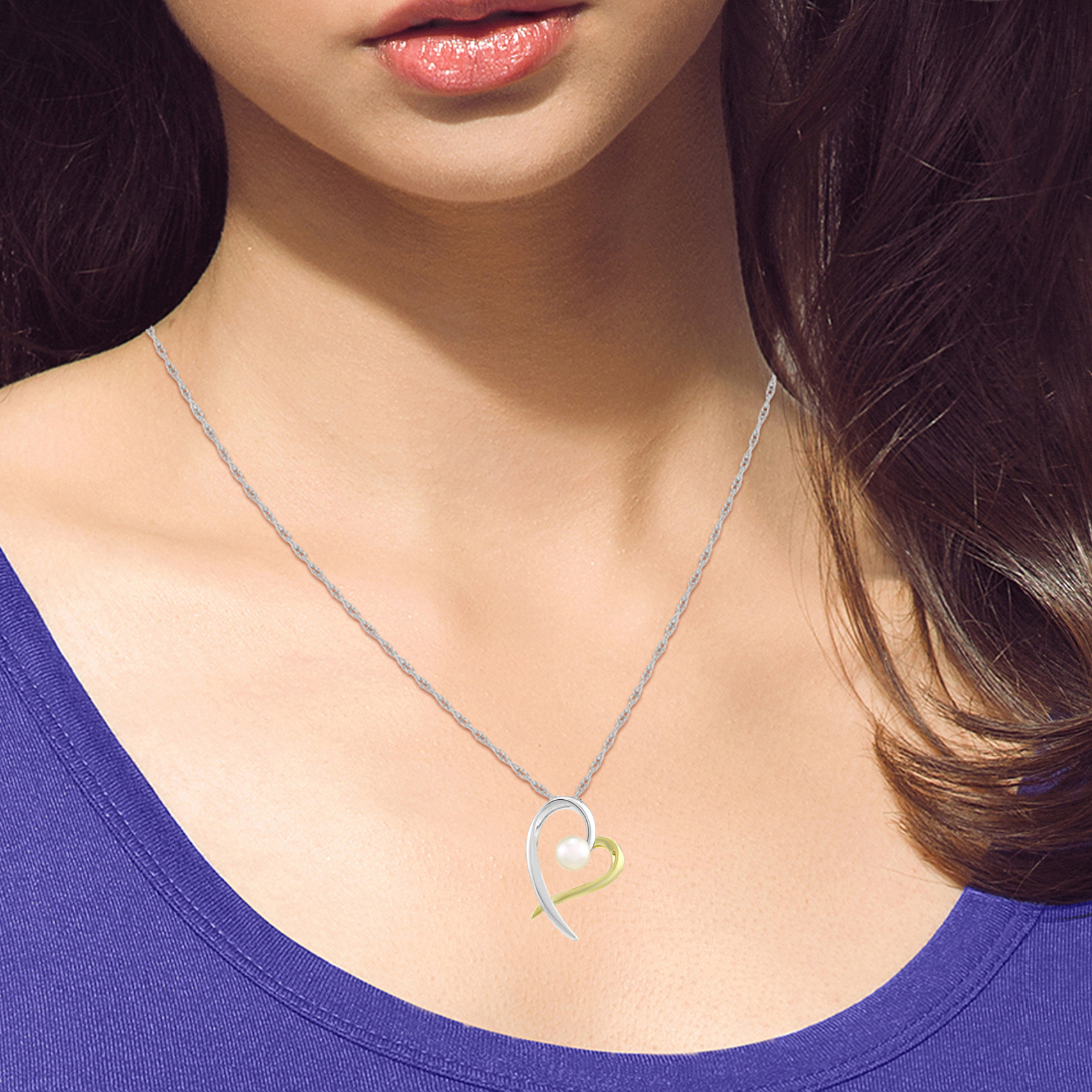 Brilliance Fine Jewelry Women's Two-tone 14K Gold Plated .925 Sterling Silver Freshwater Pearl Heart Pendant with chain, 18"