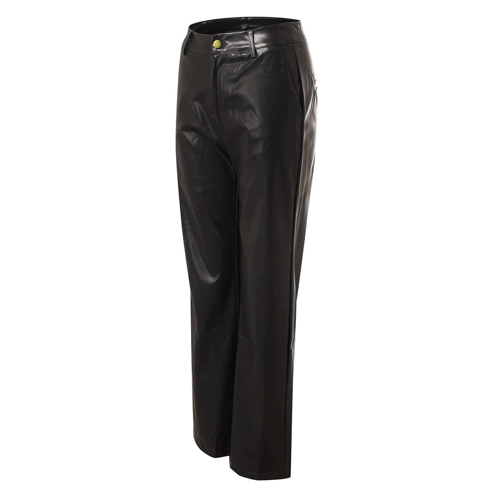 vigerkar Women's Faux Leather Pants Button PU Jeans Straight Wide Leg Trousers with Pockets (Black, XL)