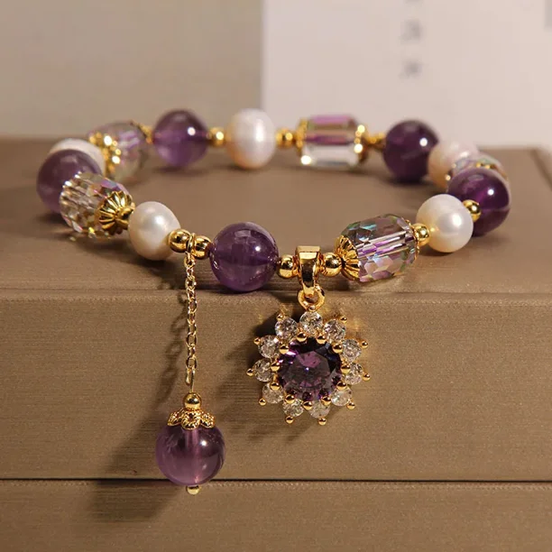 Pulsera de amatista Natural para mujer, cuentas colgantes de amor de circonia, pulseras de hilo Vintage, regalo de joyería para Festival de hermanas y estudiantes