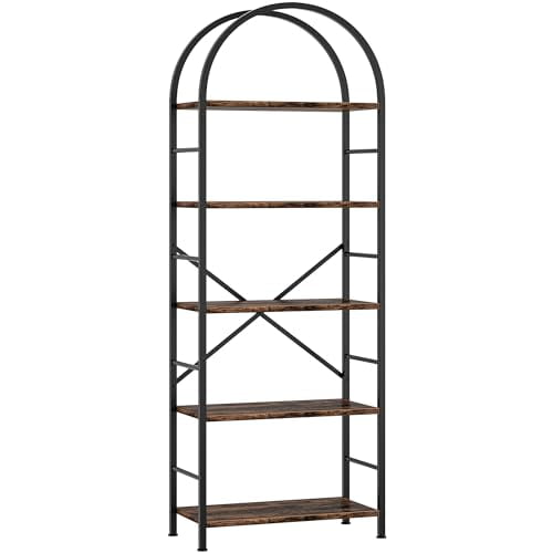 Arched 5-Tier Bookshelf – Rustic Brown Tall Bookcase, Modern Storage Organizer for Books/CDs, Home Office/Bedroom/Living Room Shelf