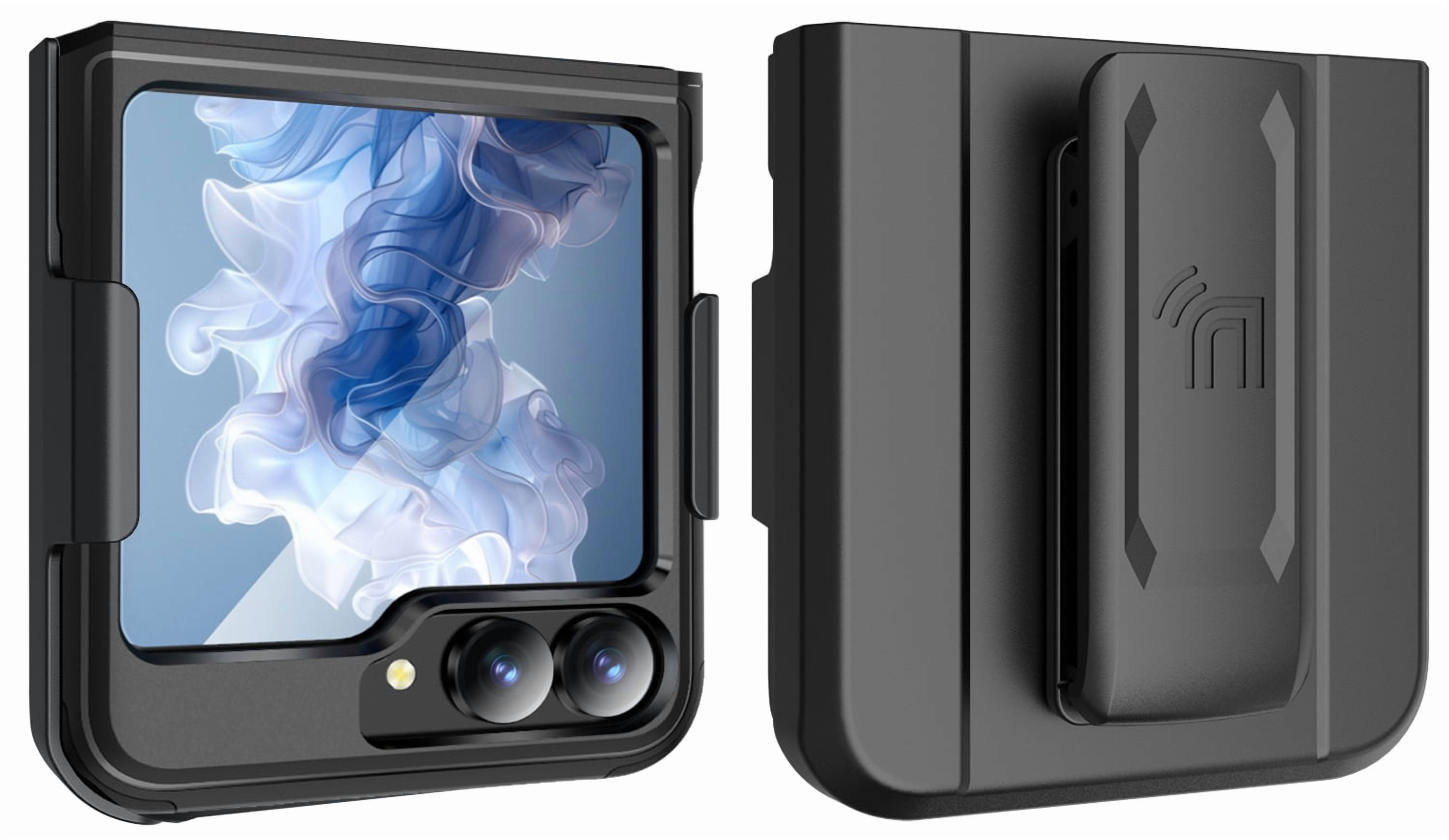 Rizz Case and Belt Clip Combo for Samsung Galaxy Z Flip 6 Phone, Nakedcellphone Rugged Hybrid Cover [with Hidden Hinge Panel Protection] and Rotating Holster Holder for Z Flip6 - Black