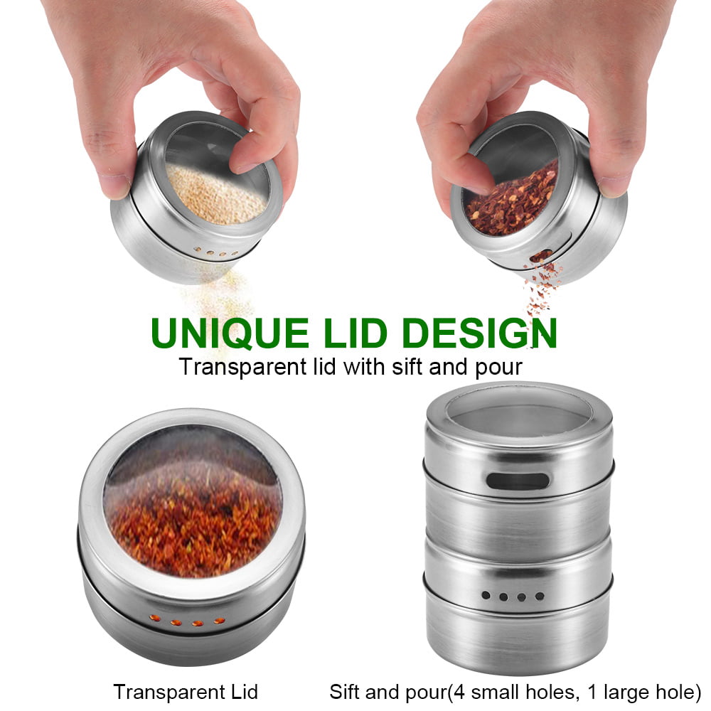 LMETJMA Magnetic Spice Jars  With  Wall Mounted Rack Stainless Steel Spice Tins