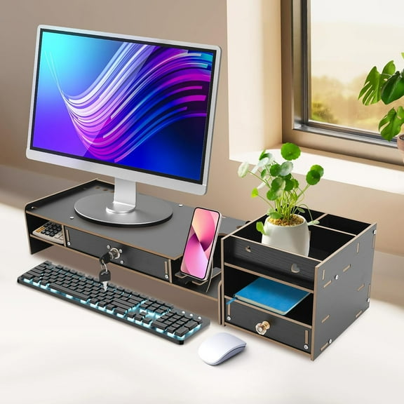 Desktop Organizer Stand for Laptop - Monitor Stand Riser, Computer Monitor Booster Stand, Adjustable Computer Monitor Stand with a Lockable Drawer, for PC, Computer, Printer (Black)