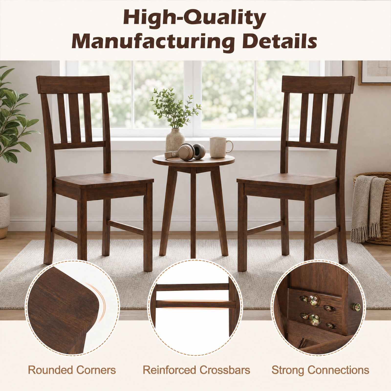 Furnibear Rubber Wood Dining Chairs Set of 2 with High Slat Backrests for the Dining Room Kitchen Study and Reception Room, Brown