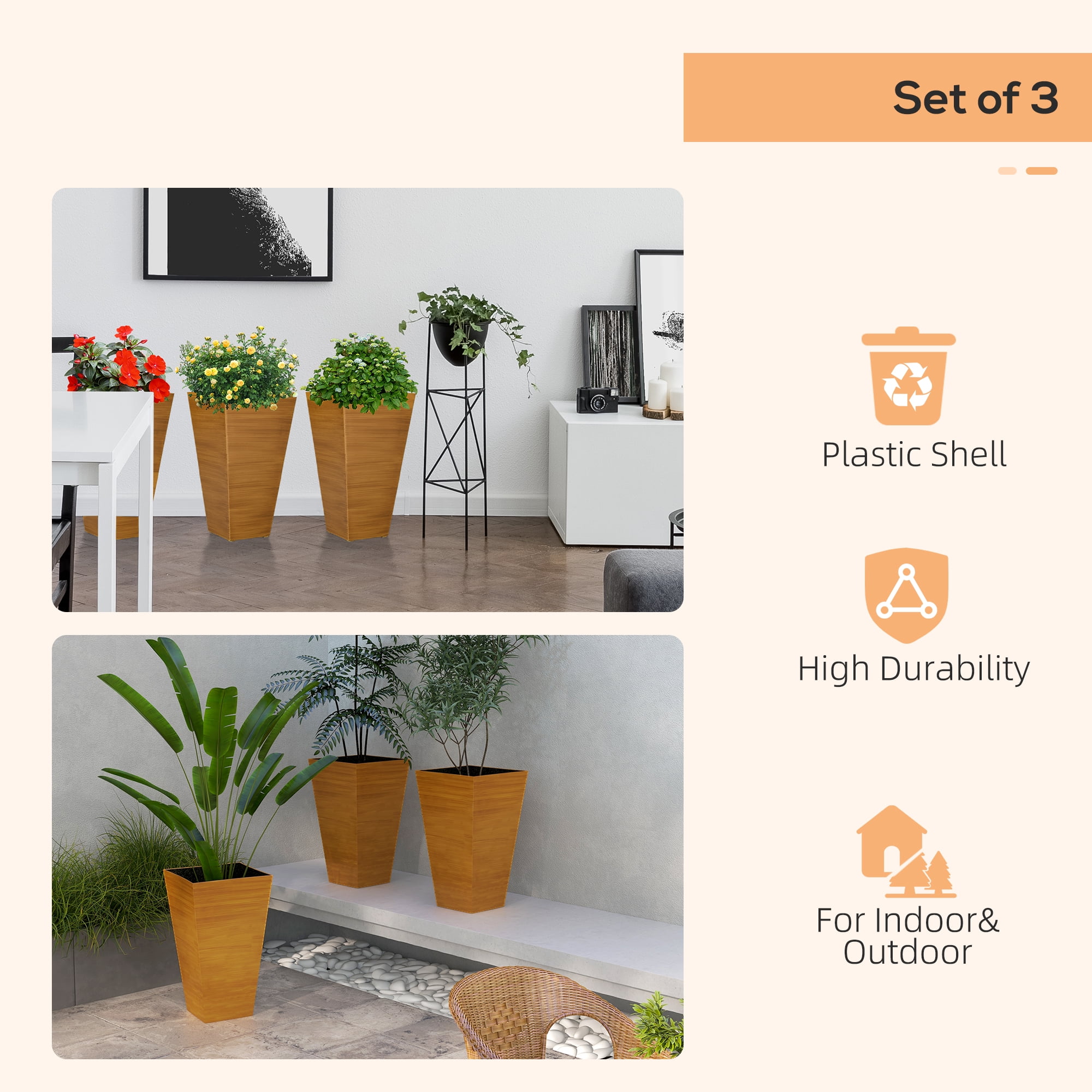 Outsunny Set of 3 Tall Outdoor Planters w/ Drainage Holes Light Brown
