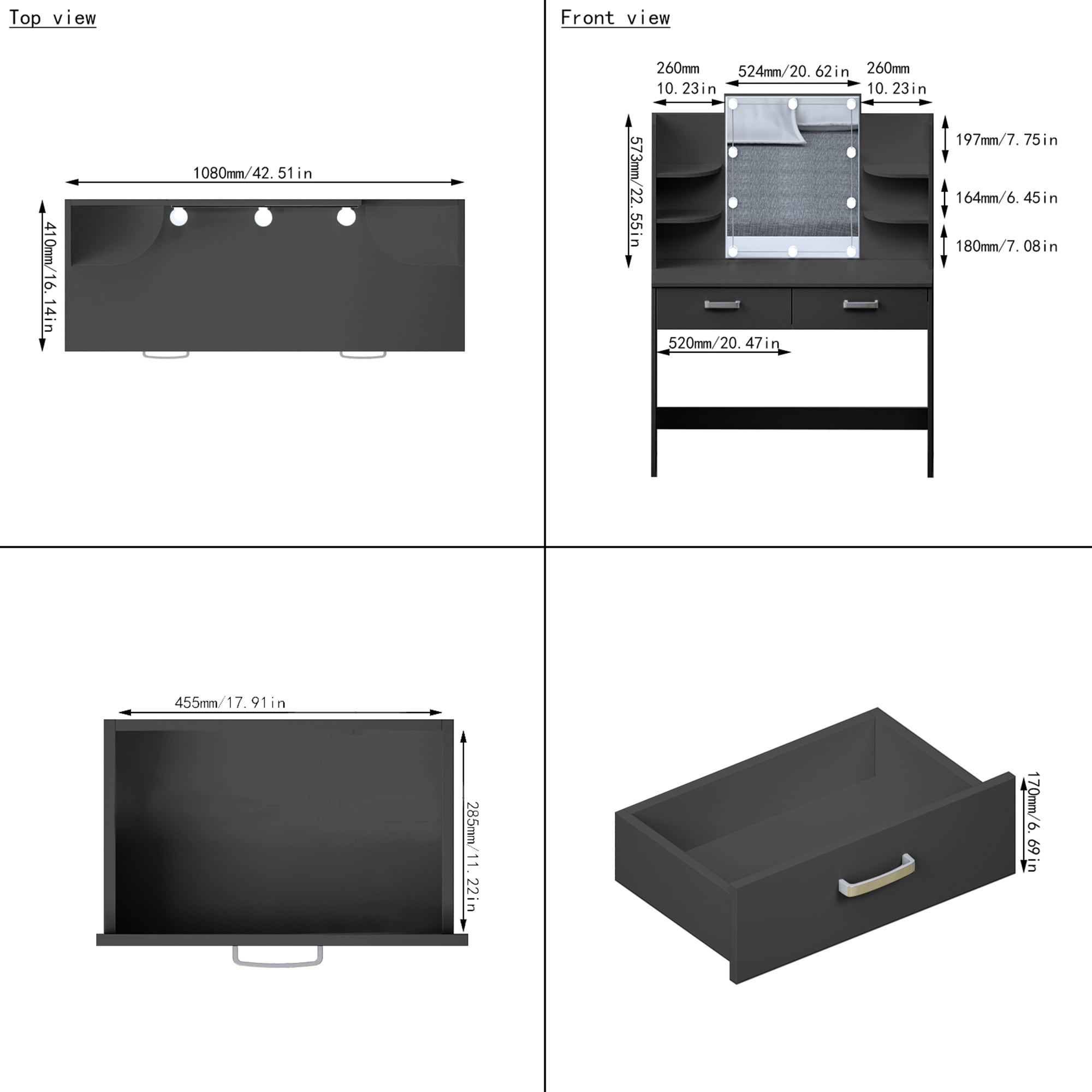 Kadyn Large Vanity Set, Vanity Table Set with 10 Light Bulbs, Makeup Vanity Desk with Cushioned Stool, 6 Storage Shelves 2 Drawers for Bedroom, Black Kadyn Large Vanity Set, Vanity Table Set with 10 Light Bulbs, Makeup Vanity Desk with Cushioned Stool, 6 Storage Shelves 2 Drawers for Bedroom, Black