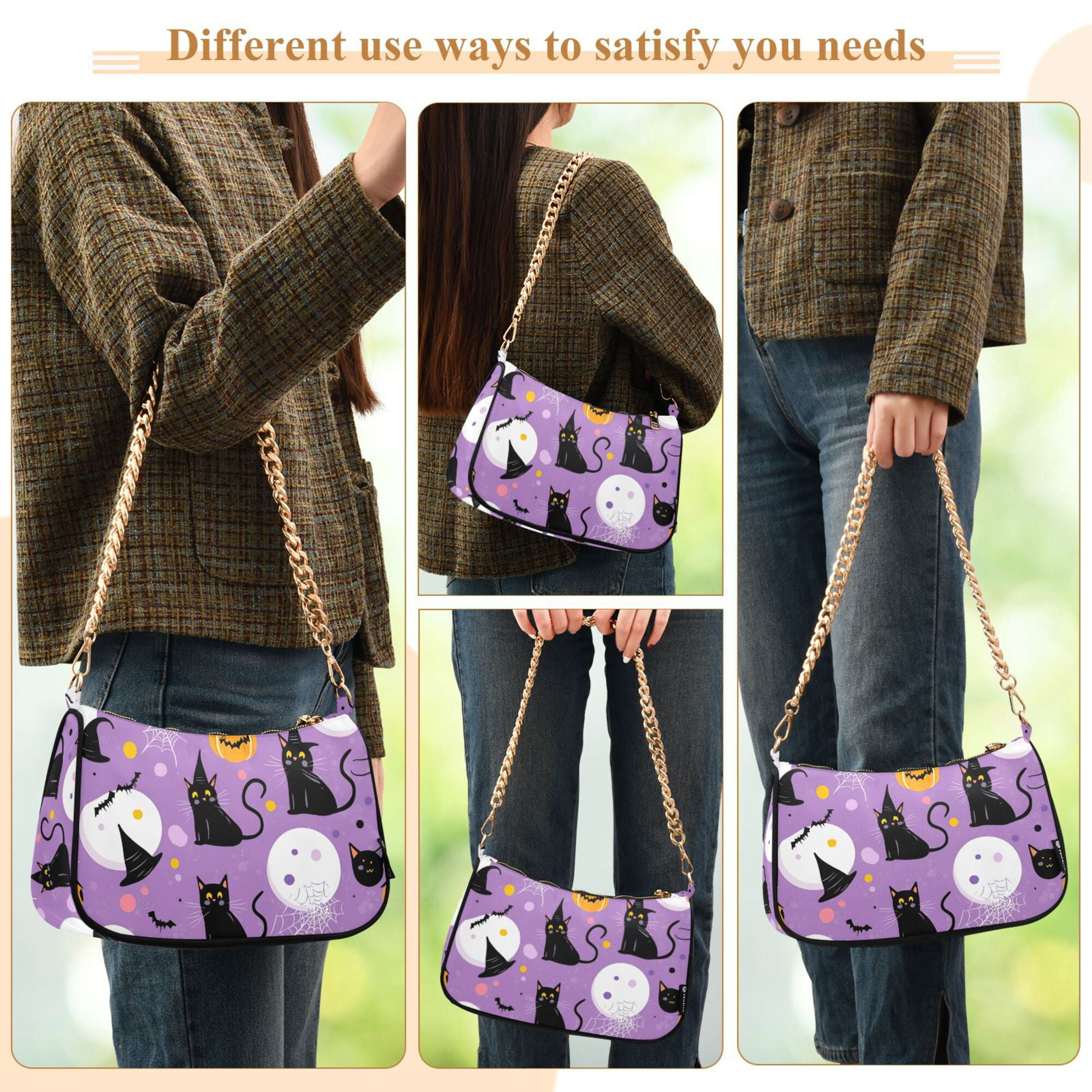 FORMRS Womens Shoulder Bag with Chain Strap Clutch Purse Cute Tote Handbag, Purple Halloween Pattern