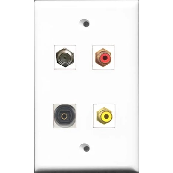 RiteAV 1 Port RCA Red and 1 Port RCA Yellow and 1 Port Coax Cable TV- F-Type and 1 Port Toslink Wall Plate