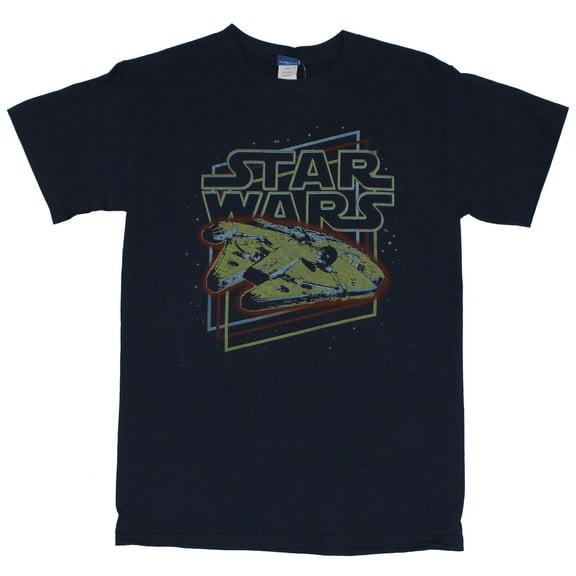 Star Wars Mens T-Shirt  - Retro Millenium Falcon Graphic on Blue (Small)