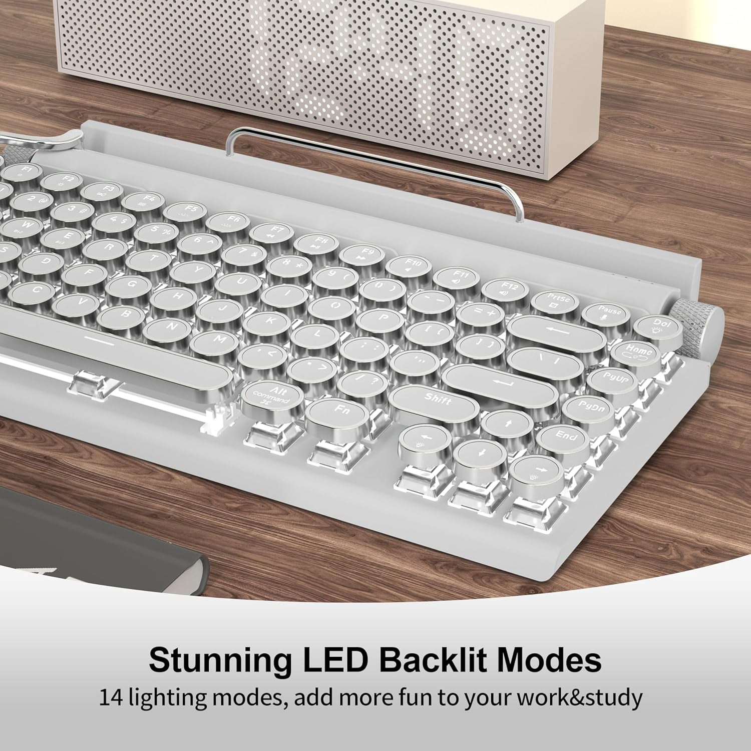 Retro Typewriter Wireless Mechanical Gaming Keyboard, Bluetooth 5.0 Office Computer Vintage Keyboards 83-Key Blue Switches Punk Round Keycap, LED Backlight, Compatible with PC/Laptop/Pad/Phone, White