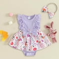 thumbnail image 2 of mgoYE Baby Girl Easter Outfit Ruffles Sleeve Floral Bunny Carrot Printed Romper Dress with Headband Summer Clothes(Light Purple,0-3 Months), 2 of 6