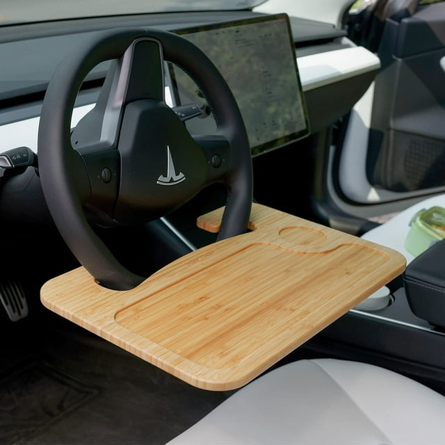 Bamboo Double-Sided Steering Wheel Tray with Storage Bag, Smooth Finish Steering Wheel Desk for Laptop, iPad or Notebook