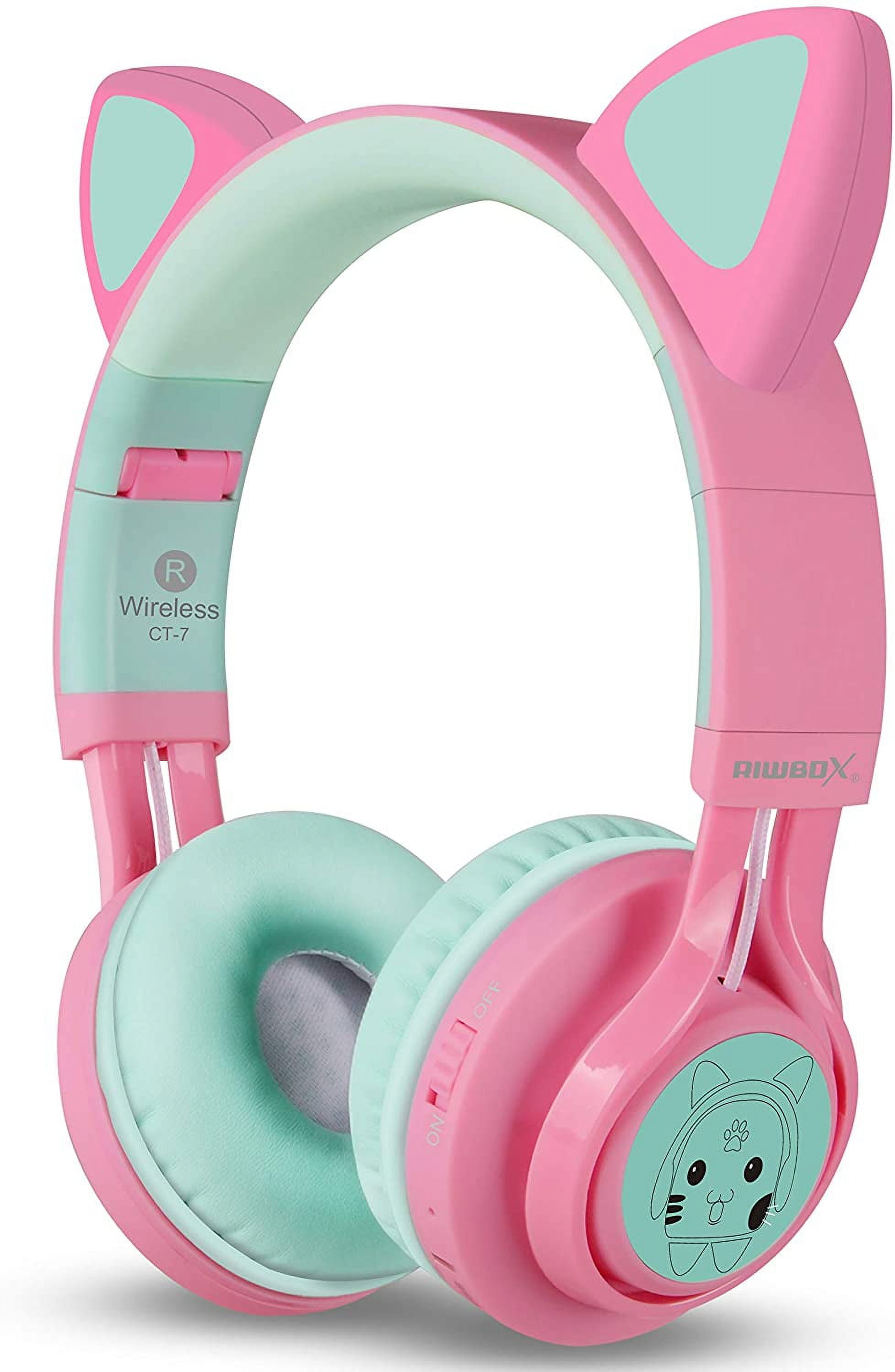 Riwbox Bluetooth Headphones, Riwbox CT-7 Cat Ear LED Light Up Wireless Foldable Headphones Over Ear with Microphone and Volume Control for iPhone/iPad/Smartphones/Laptop/PC/TV (Pink&Green)