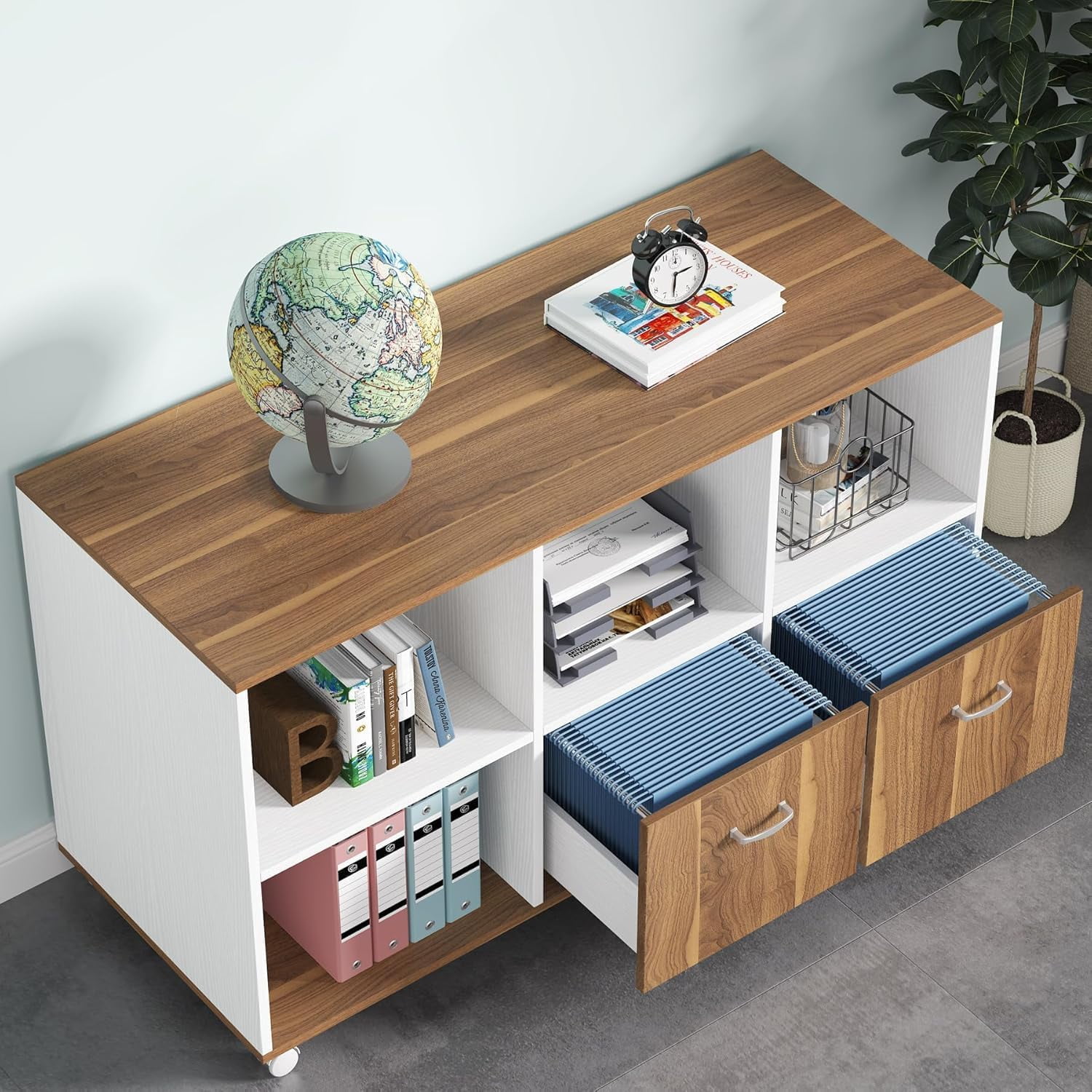 Tribesigns Mobile Lateral File Cabinets with 2 Drawers and 4 Storage Cubes (Brown and White)