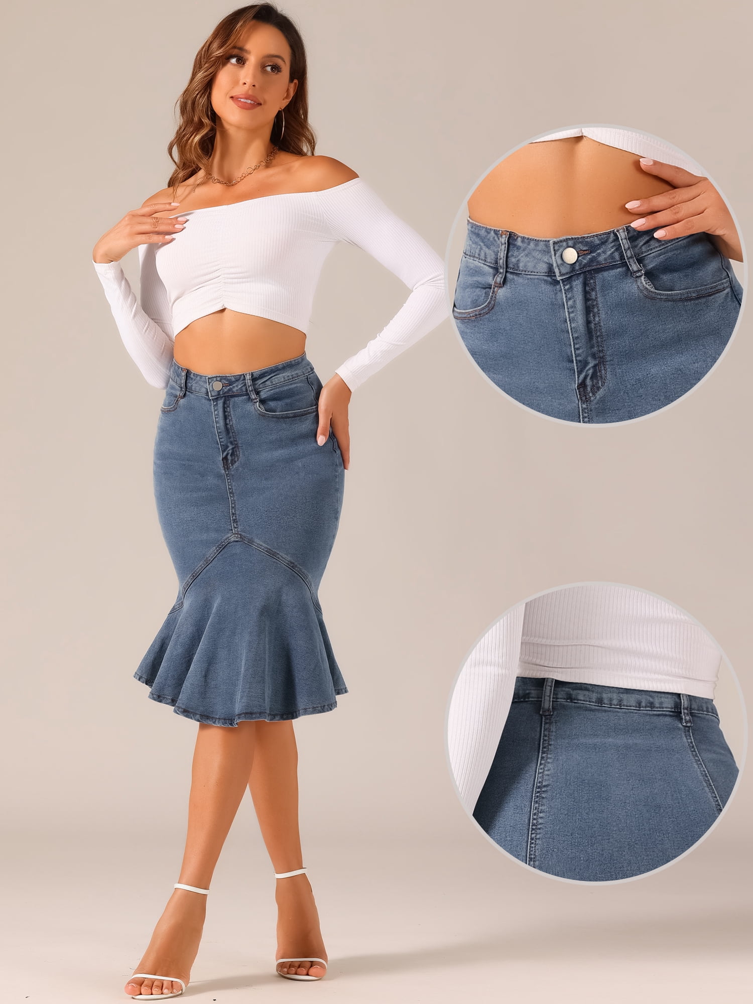 DARING DIVA Women's Denim Jean Bodycon Ruffles Fishtail Skirts S Grey Blue
