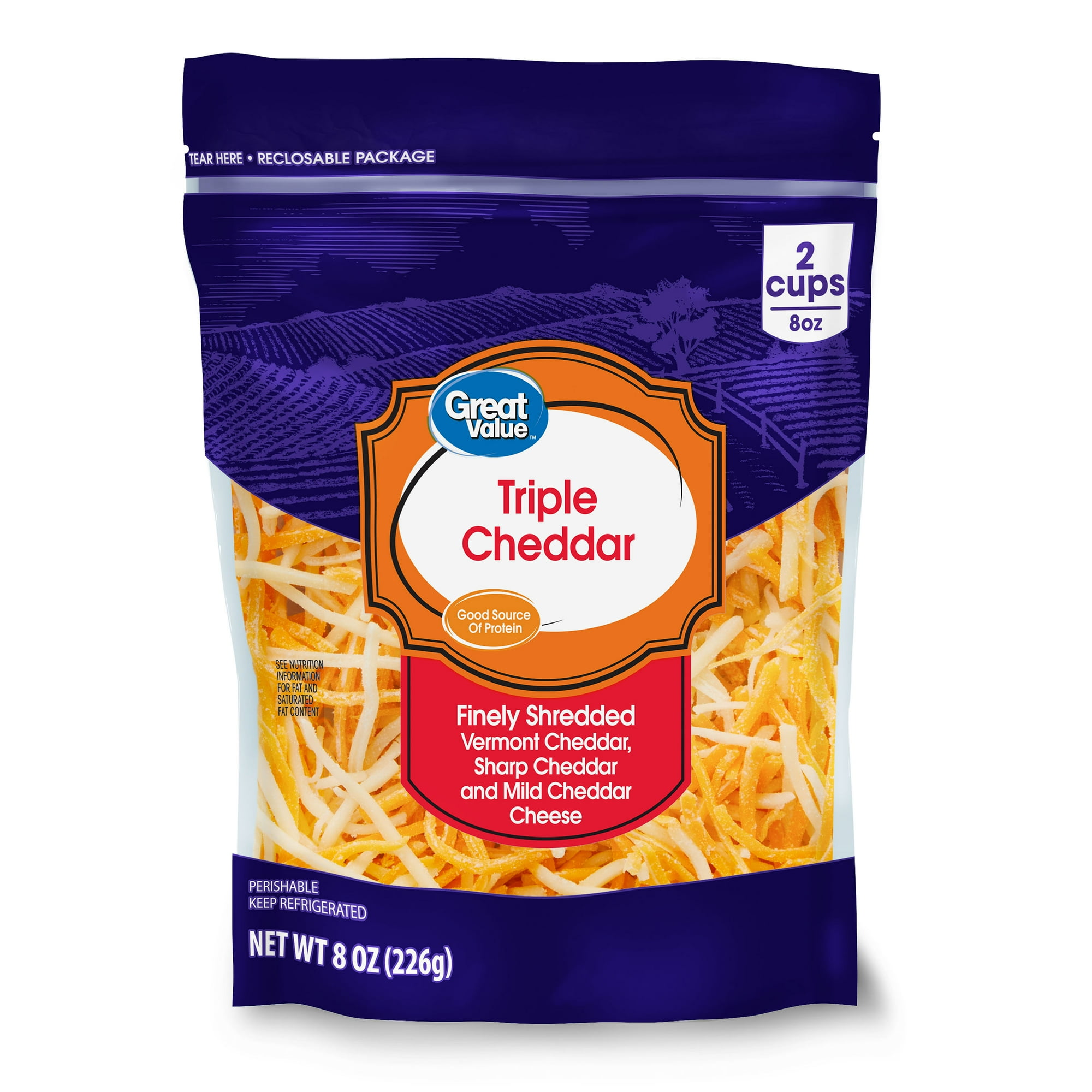 Great Value Triple Cheddar Finely Shredded Cheese, 8 oz Bag