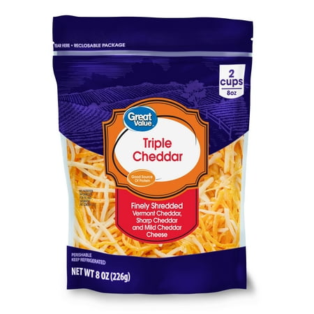 Great Value Triple Cheddar Finely Shredded Cheese, 8 oz Bag