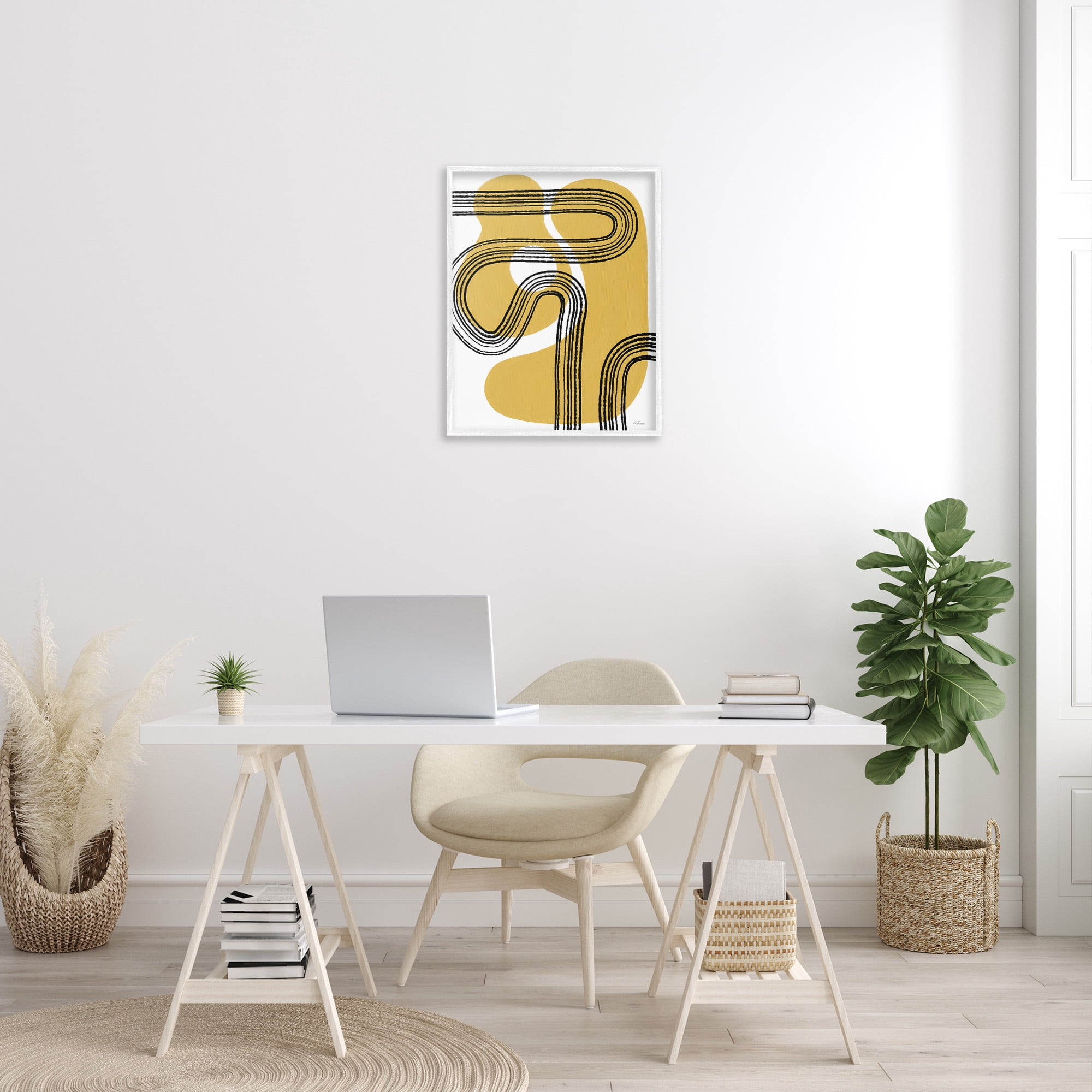 Stupell Industries Curved Stripes on Shapes Abstract Painting White Framed Art Print Wall Art, 24 x 30