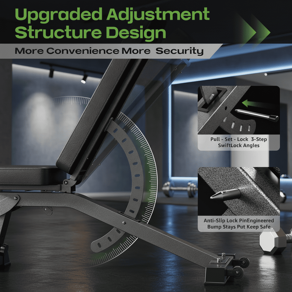 USLIM Adjustable Strength Training Bench, Flat Incline Decline Design, 12 Backrest Positions, 4 Seat Adjustments, 1200 lb Capacity