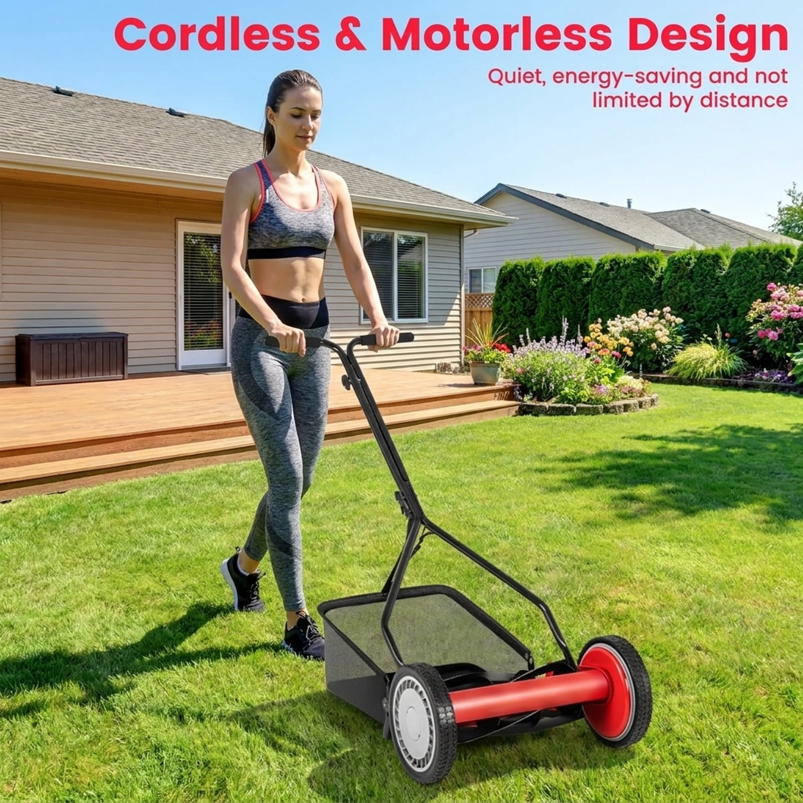 Biotree 16-Inch 5-Blade Push Reel Lawn Mower with 7-Gallon Grass Catcher Bag 4 Height Settings Foam-Grip Handle - Green