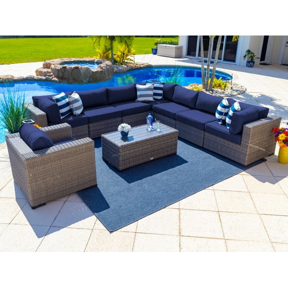 Tuscany 9-Piece Resin Wicker Outdoor Patio Furniture Sectional Sofa Set with Seven Modular Sectional Seats, Armchair, and Coffee Table (Half-Round Gray Wicker, Sunbrella Canvas Navy)