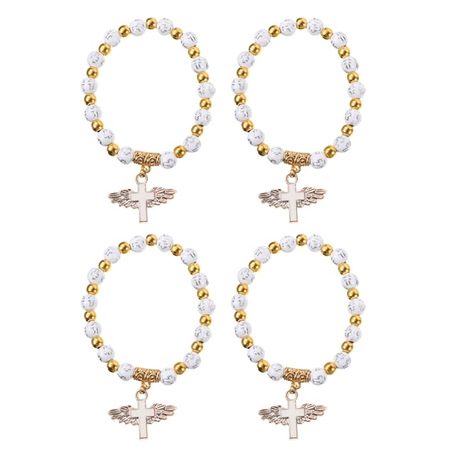 EeaseMX 4 pulseras de cruz dorada con cuentas de ángel, exquisitas pulseras para niños.