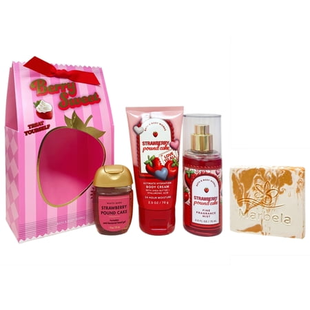 Bath & Body Works Strawberry Pound Cake Berry Sweet Mini Gift Set - Fragrance Mist, Body Cream and Hand Gel - with a Peach Gardenia Sample Soap - Travel Size