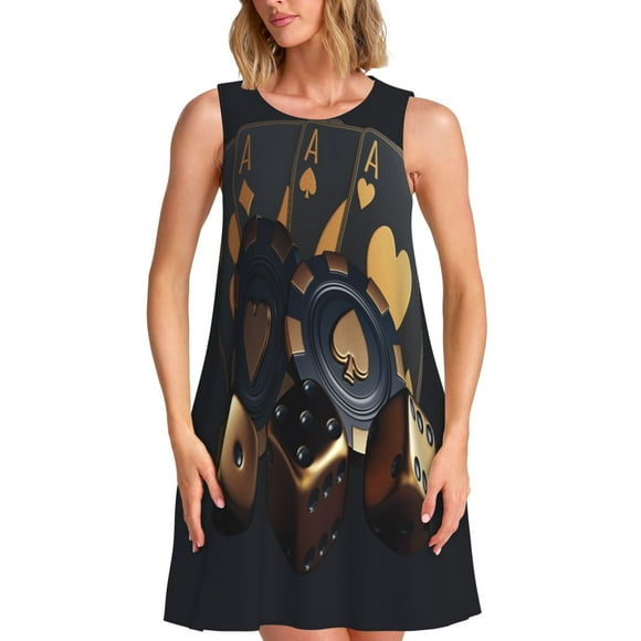 Fotbe Casino Cards Poker Vestido de Verano sin Mangas para Mujer – Vestido Midi Línea A, Estilo Camiseta Floral, Vestido Playero Casual y Fluido
