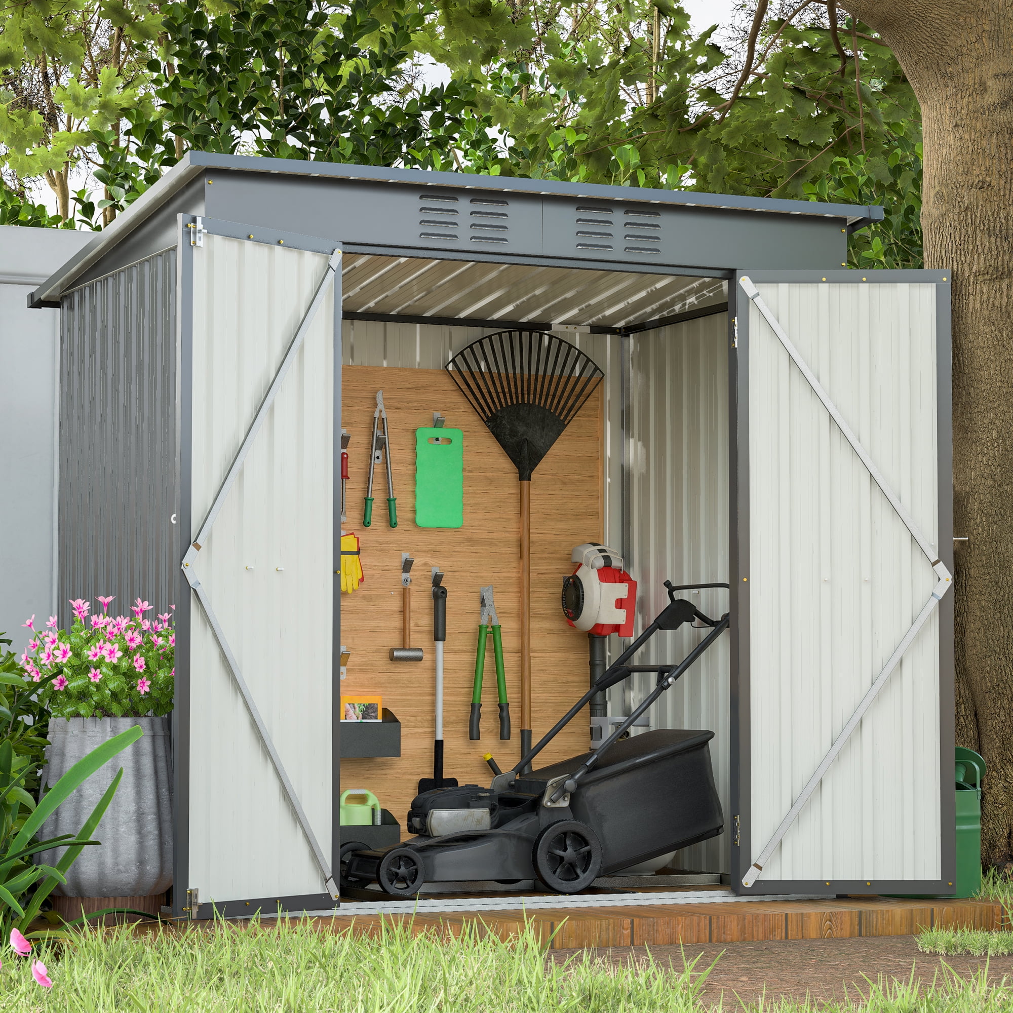 Mulinsonfly 6x4ft Outdoor Metal Storage Shed with Lockable Doors, Frame Floor & Weatherproof UV-Resistant Design - Garden Backyard Tool Shelter