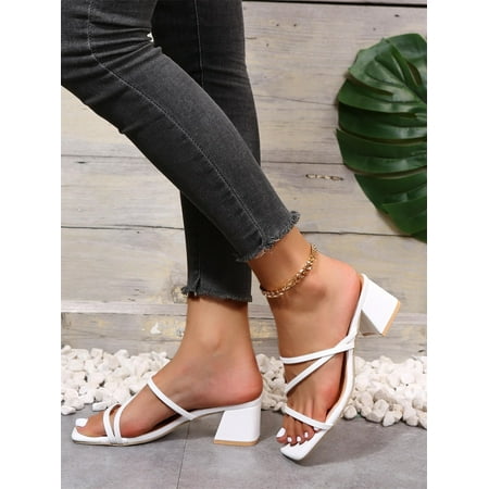 

Women s Thin Strap Chunky Heeled Mule Sandals White CN37(6.5)
