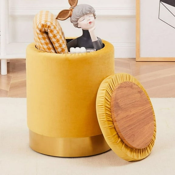 Round Storage Ottoman Velvet Upholstered Footrest Dressing Stool, Padded Vanity Stool with Golden Metal Trim Removable Lid Change Shoe Footrest for Bedroom Living Room