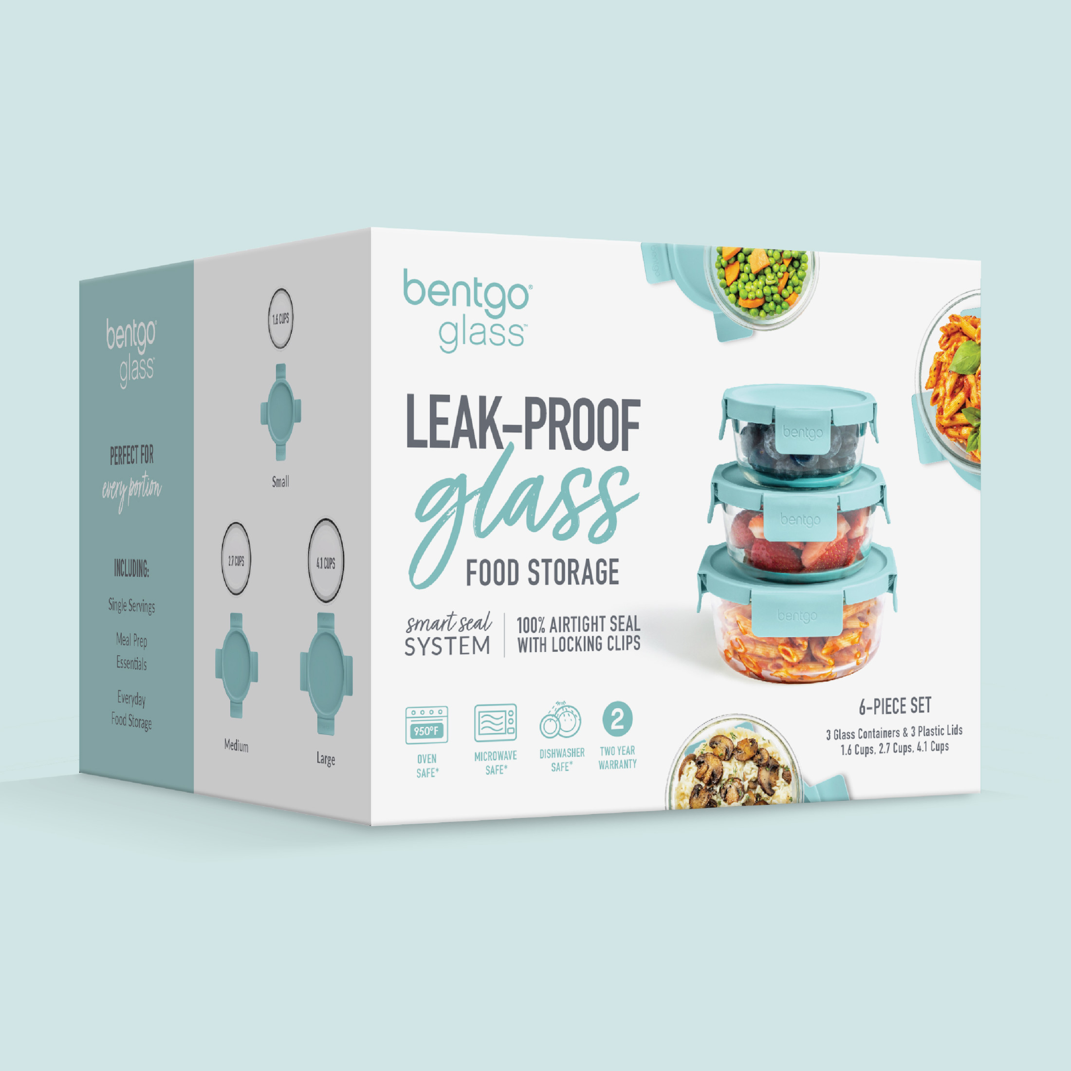 Bentgo Glass Leak-Proof Food Storage Set - 6-Piece Glass Containers with BPA-Free Airtight Lids, Reusable & Durable for Leftovers & Meal Prep - Microwave, Freezer, Oven & Dishwasher Safe (Soft Aqua)