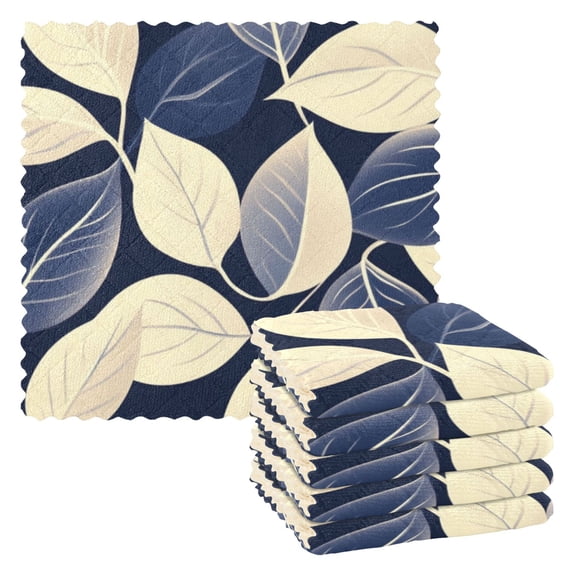Dark Blue and Beige Leaves Dish Cloths Dish Towels Cleaning Cloths Quick Drying Reusable 11" x 11" Set of 6