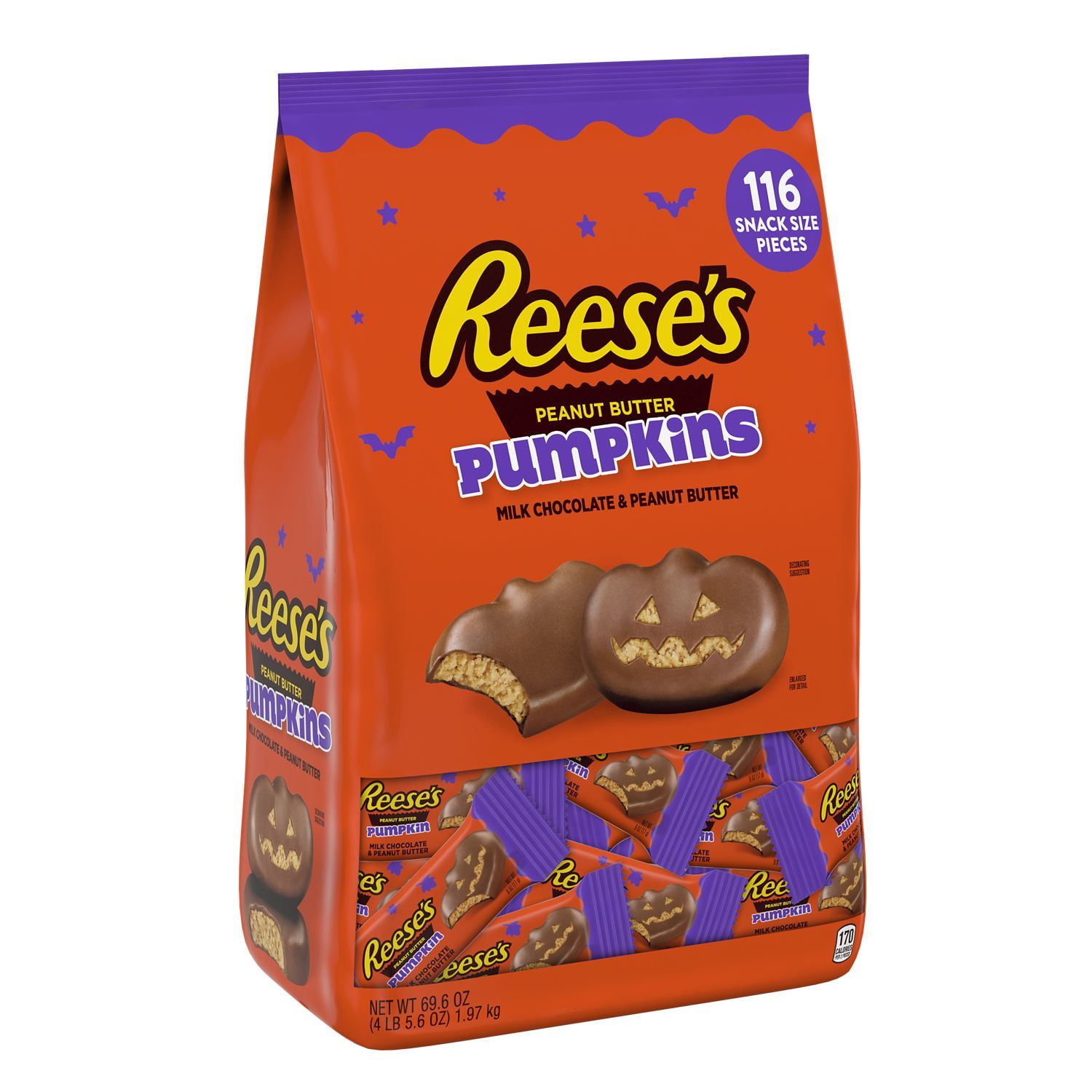 REESE'S, Milk Chocolate Peanut Butter Pumpkins Snack Size Candy, Halloween, 69.6 oz, Bulk Bag (116 Pieces)