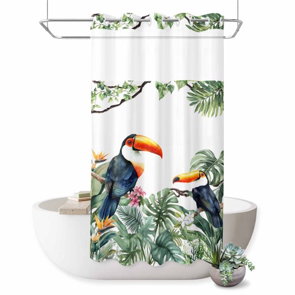 No Hook Shower Curtain with Built-in Rings - Tropical Botanical Washable Waterproof Fabric Bathroom Curtains for Hotel,Rentals, Stall 36 X 72 Inch , Palm Banana Leaf Toucan Green
