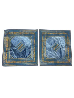 Mogul Ethnic Silk Cushion Cover Vintage Sari Border Patchwork Square Blue Pillow Cases 16" x 16"