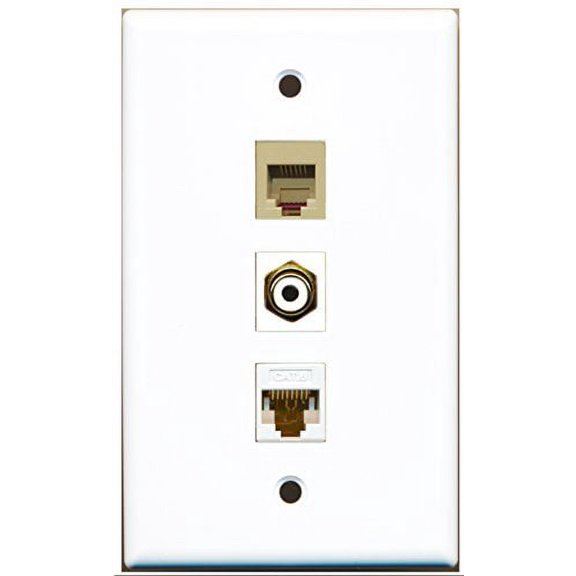 RiteAV - 1 Port RCA White and 1 Port Phone RJ11 RJ12 Beige and 1 Port Cat6 Ethernet White Wall Plate