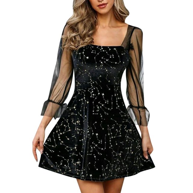 Moda mujer Casual sólido cuello cuadrado malla Patchwork manga larga vestido largo Fridja NMB2697