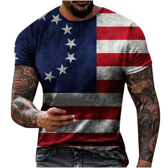 Ofreoo Men Casual Round Neck Popular Digital Flag Printing Pullover Fitness Sports Shorts Sleeves T Shirt Blouse Independence Day Shirts for Men