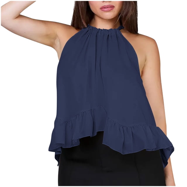 Sleeveless Top for Women, Non-Positioning Printed Loose Fit with Ruffle Hem and Halter Back Tie Design, Black S