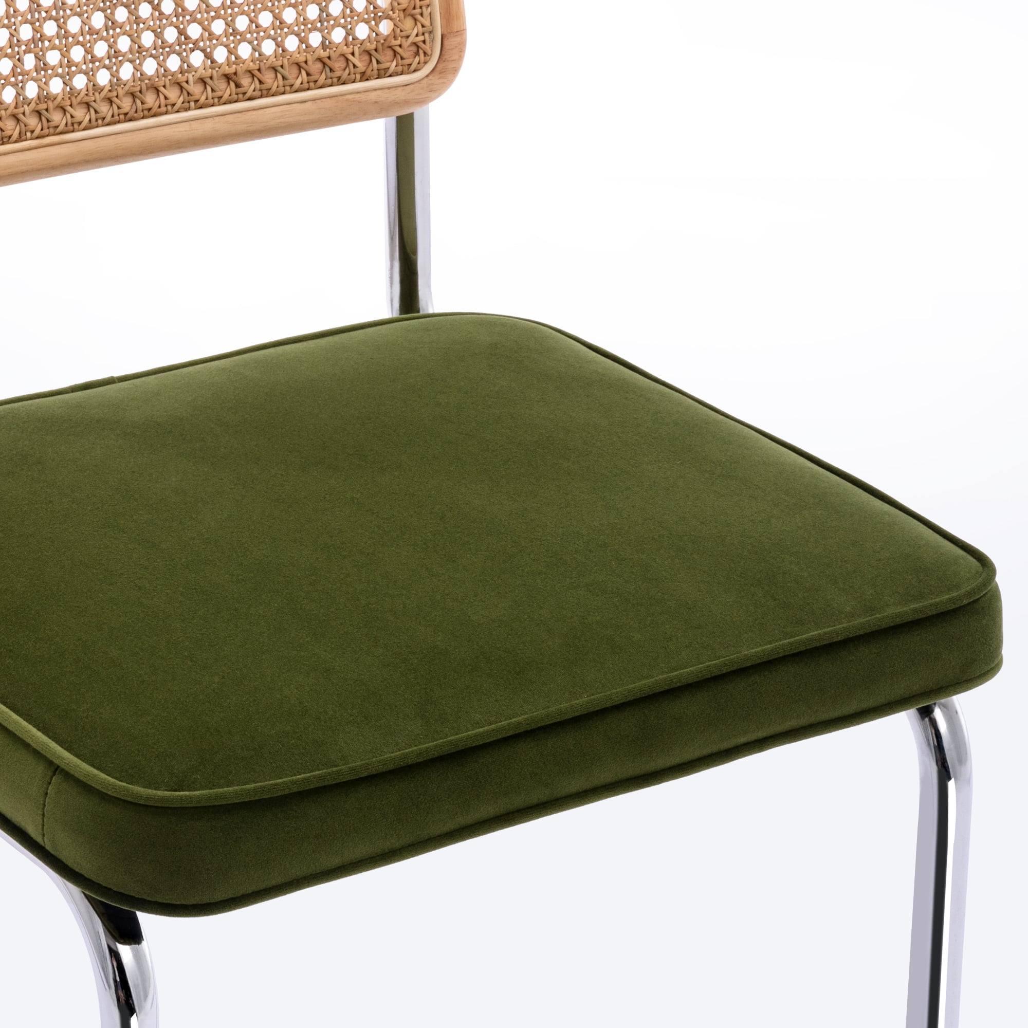 Zesthouse Rattan Dining Chairs Set of 2, Velvet Upholstered Dining Chairs with Cane Back and Chrome Legs, Mid Century Modern Kitchen Side Chairs for Dining Living Room, Green