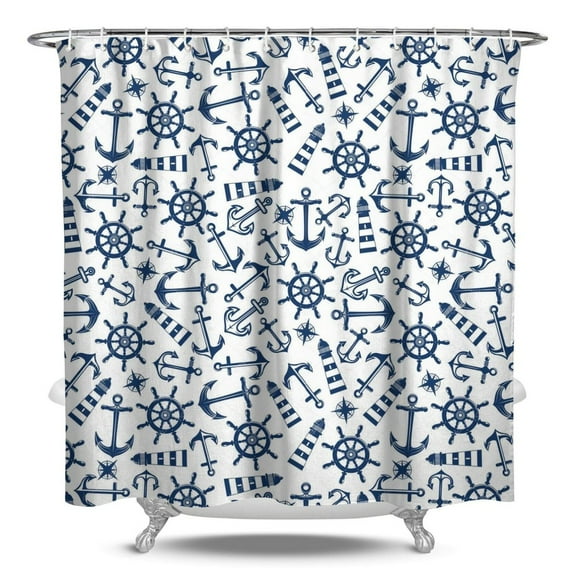Waves Shower Curtain Waterproof Fabric, Nautical Coastal Marine Sea Boat Ocean Lighthouse Bathroom Shower Curtain with Plastic Hooks, Map Compass Coral Fishing Travel Pattern